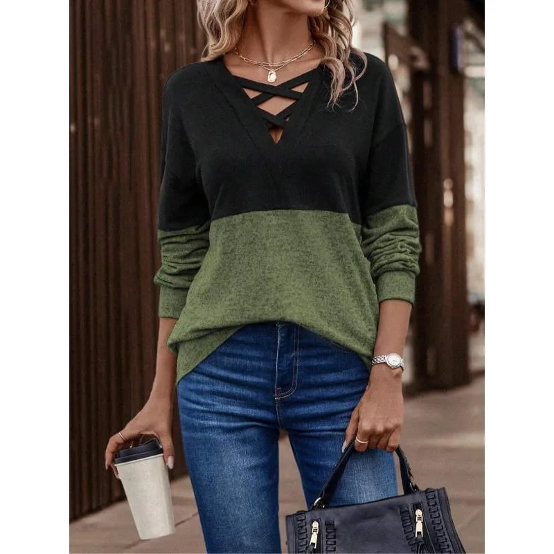 بالإضافة إلى حجم المرأة الجديدة غير المتكافئة الرقبة المألوف وبسيط Colorblock عبر الجبهة انخفاض الكتف الأعلى