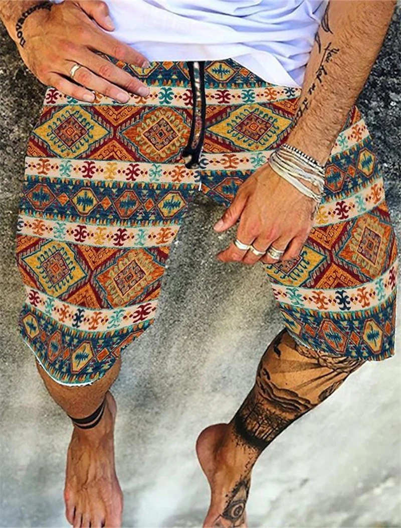 Retro Ethnic Style Graphic Beach Shorts For Men Fashion Summer Patchwork 3D Printed Short Pants Casual Oversized Swim Trunks