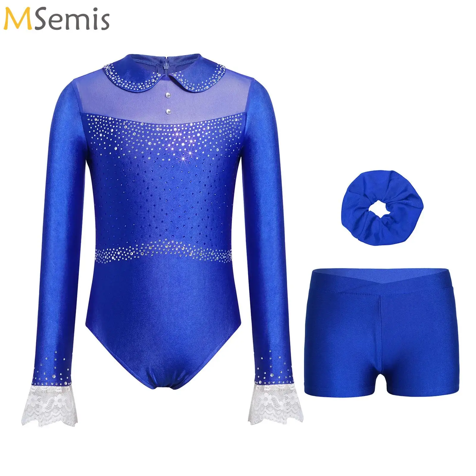 

Kids Girls Ballet Gymnastics Leotard Long Sleeve Lace Cuffs Figure Skating Performance Dance Bodysuit Shorts Headwear Sportswear