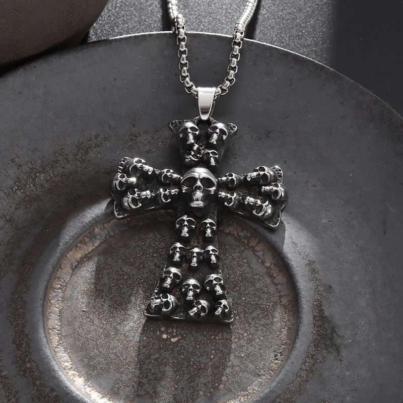 Fashion Gothic Skull Push Up Cross Pendant Stainless Steel Necklace Men\'s/Women\'s Halloween Party Punk Jewelry Gifts