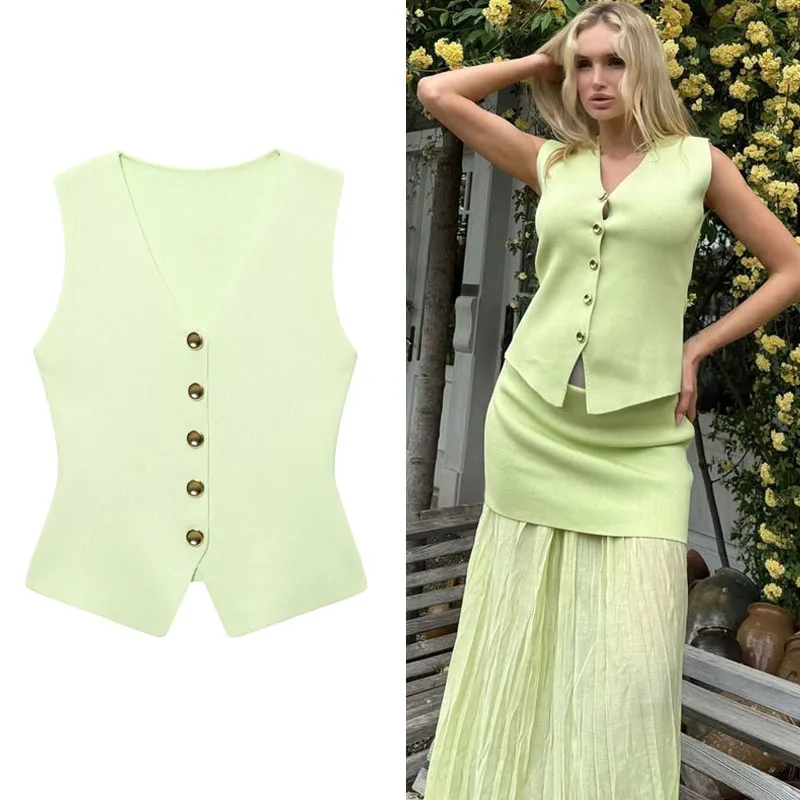 

Knit Women's Vest Women's Corset Sleeveless Vest Female Summer Fashion Bustier Women's Crochet Vest Green Elegant Knitted Vest