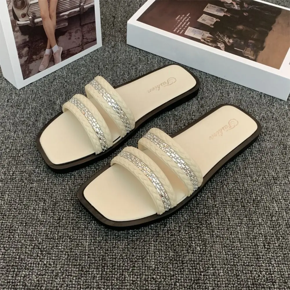 Luxury Crystal Flat Slippers Soft Sole Anti-slip Slides Sandal Color Blocking Beach Shoes Square Toe Slippers Women Summer