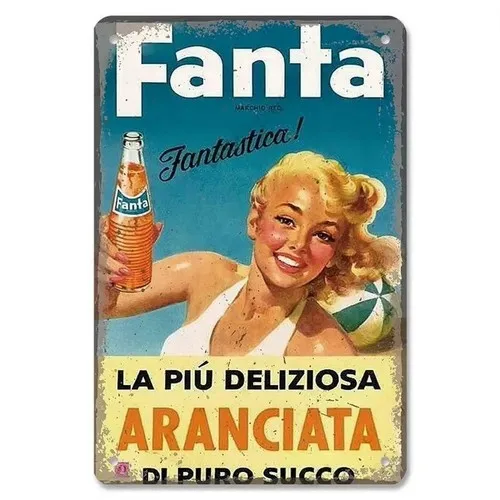 Letrero de metal de alta definición para pared - Arte mural vintage retro 'Fanta Fantastica!' Letrero clásico para bebidas con diseño de chica pin-up rubia Holdi