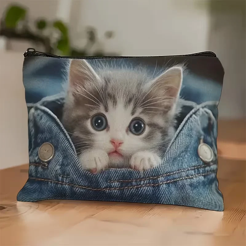 Cute Kitten Peeking From Pocket Makeup Bag - Durable Double-sided Linen Cosmetic Men and Women Camping Vacation, Business,