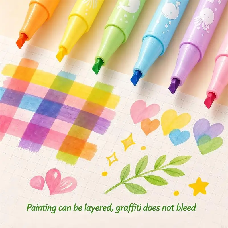 

6Pcs Candy Color Highlighters With Built in Erasable Tips Fluorescence Markers Oblique Head For Coloring Book Drawing K1KF