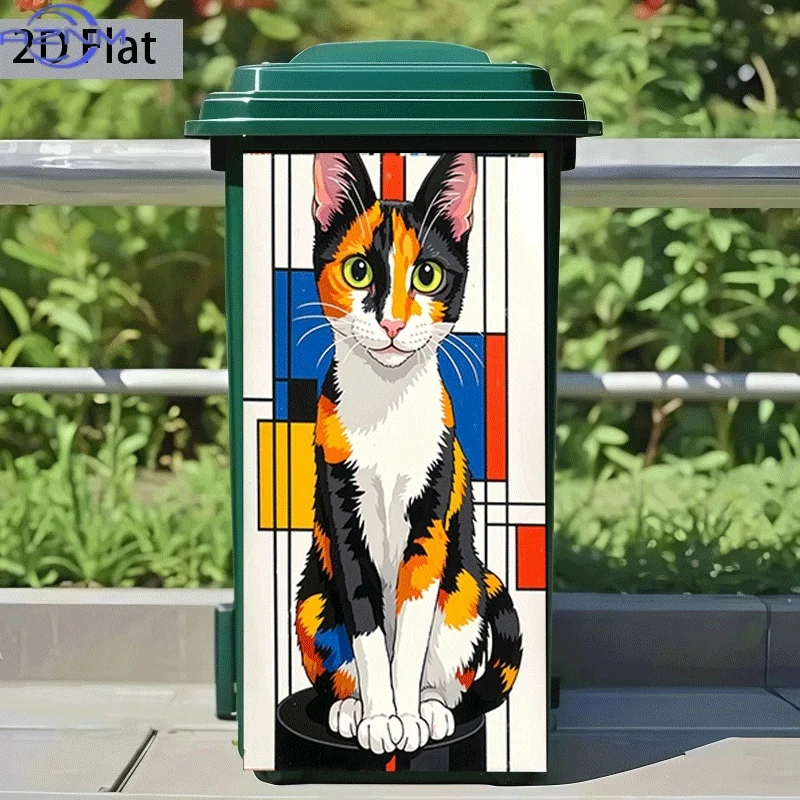 [2D Flat Printing] 1pc Trash Can Sticker [× Cm] Mondrian Style Cute Cat Theme Design Wall Sticker Decoration Wallpaper Self-Ad