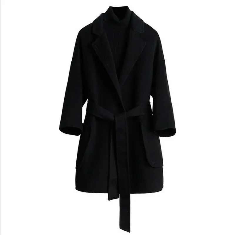 Black Thick Plush Blends Coats Women Elegant Solid Colors Long Outwears with Bandage Casual Commute 2024 Autumn Winter Outwears