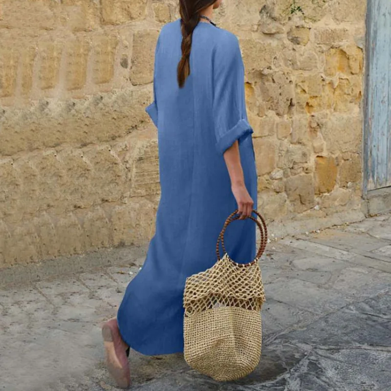 Loose Casual V-Neck Denim Dress Large Pocket Long Skirt Women's Cross-Border Fashion Basic Style Resin Color Retention A-Line...