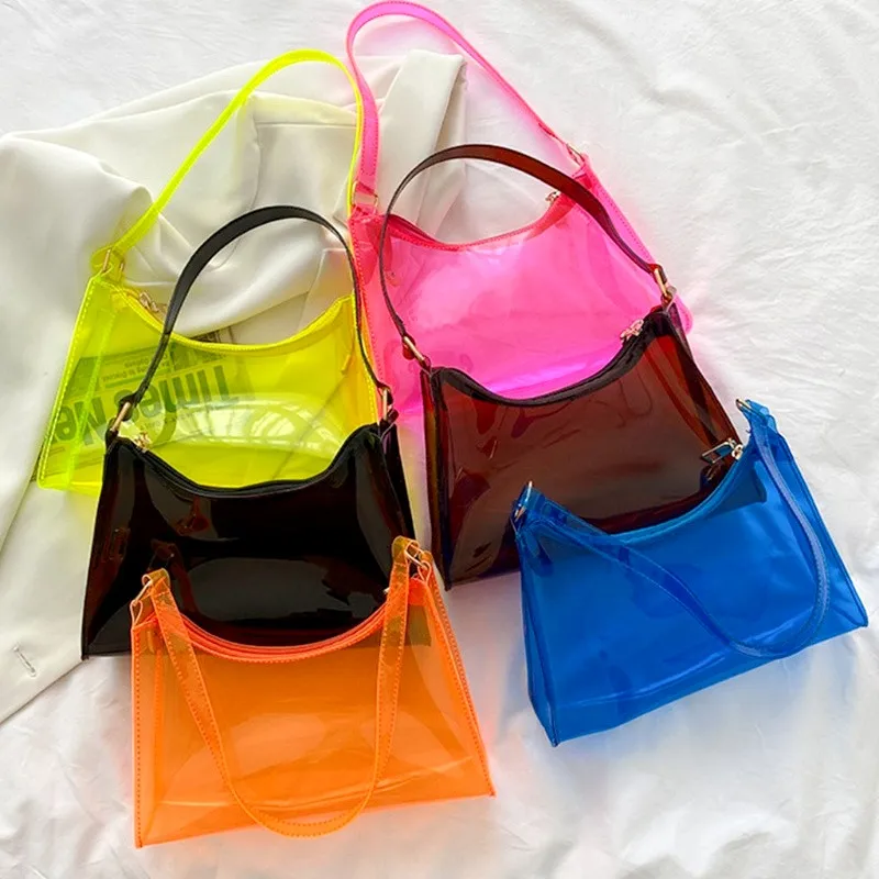 Fashion High Quality Pvc Handbag Transparent Eye-Catching Jelly Bag Zipper Multifunctional Simple Style Women\'S Shoulder Bag New