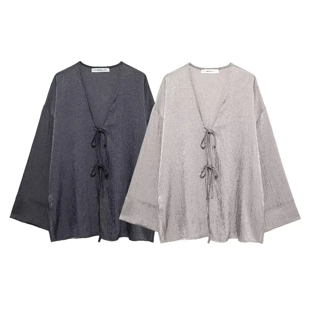 2024 Autumn New Women's Fashion Thin Double Row Linen Blended Buckle Strap Kimono Style Satin Loose Casual Coat