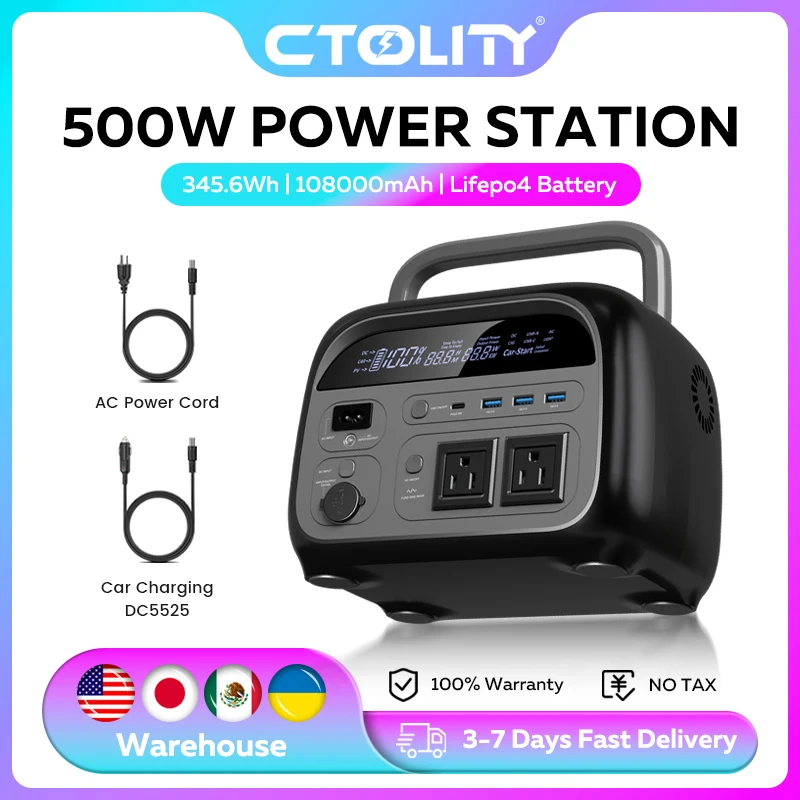 CTOLITY 500W Portable Power Station 345.6Wh 108000mAh Solar Generator LiFePo4 Batteries AC 220V Energy Storage Supply Camping RV