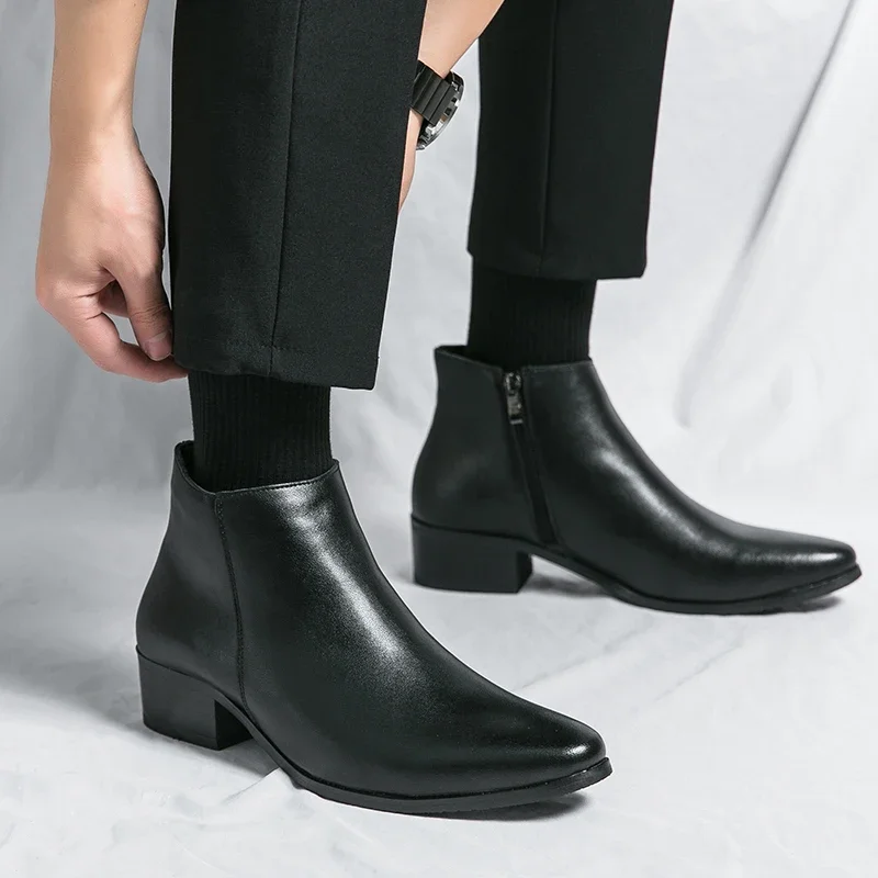 Klassische schwarze Leder-Stiefeletten für Herren und Damen im britischen Stil, Chelsea-Stiefel mit spitzer Zehenpartie, bequeme High-Top-Schuhe – Detail 14