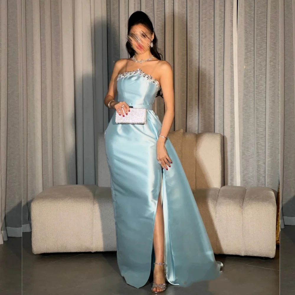 Customized Exquisite Satin Sequined Rhinestone Straight Sheer Straps Strapless Long Dresses Evening Dresses Classic Modern Style