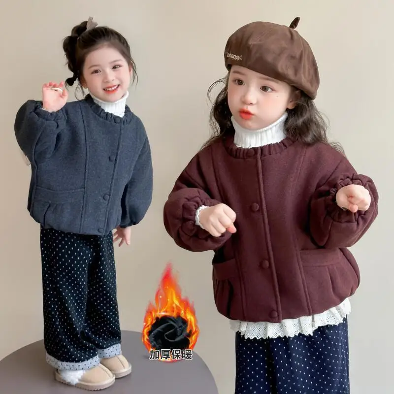 

Осенне-зимнее утепленное пальто для девочек, однотонные топы с длинными рукавами, куртка с летающим воротником, теплая удобная детская одежда