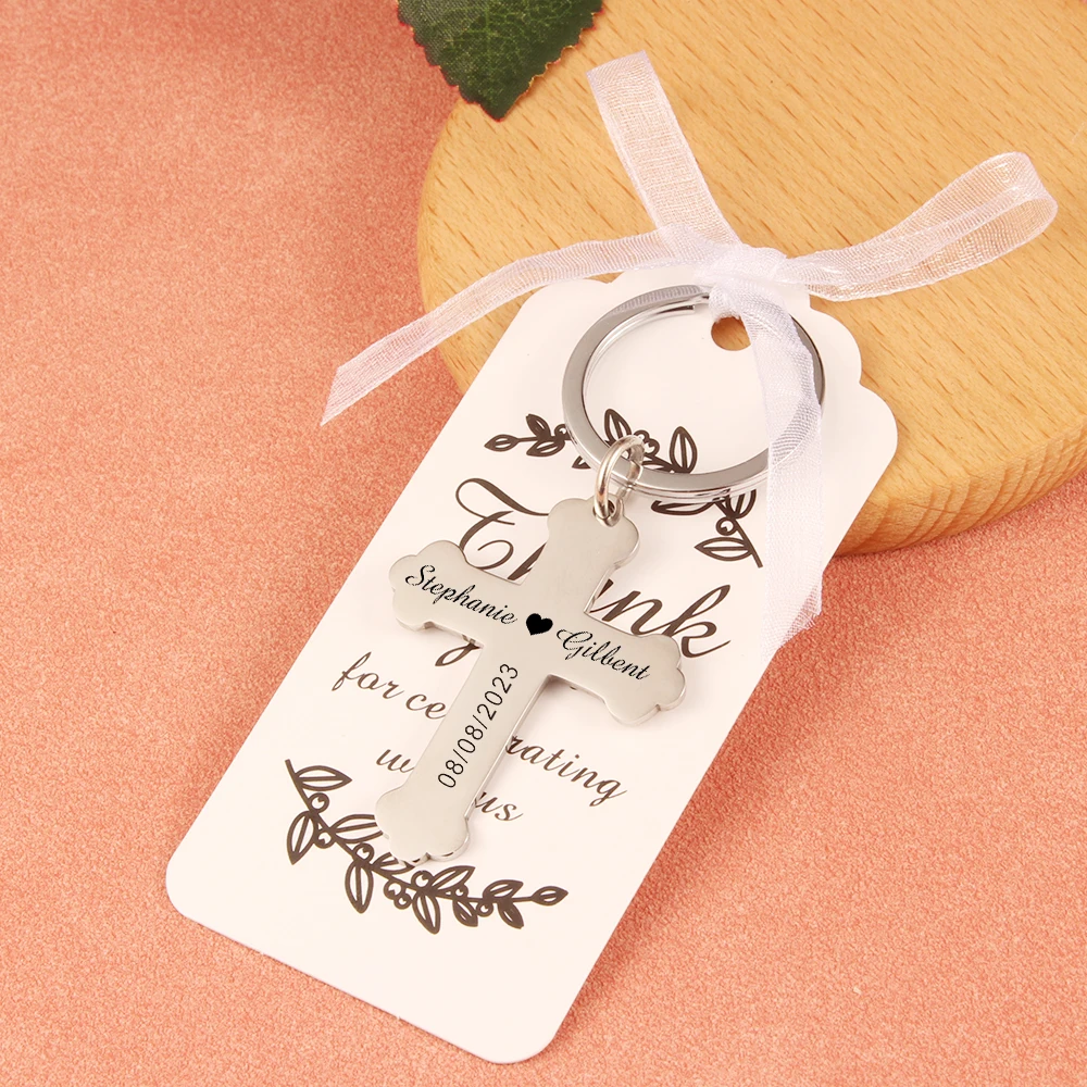 Personalized Laser Engraving Name And Date Cross Keychain Custom