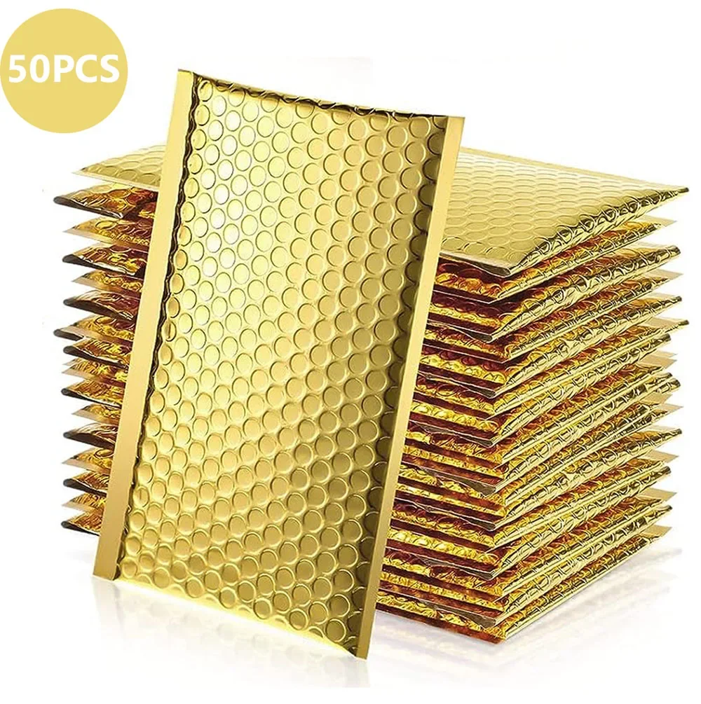 50pcs Bubble Envelope Sending Package Pouch Metal Gold Packaging Supplies Thicken Postage Bag Mailer Small Business Delivery