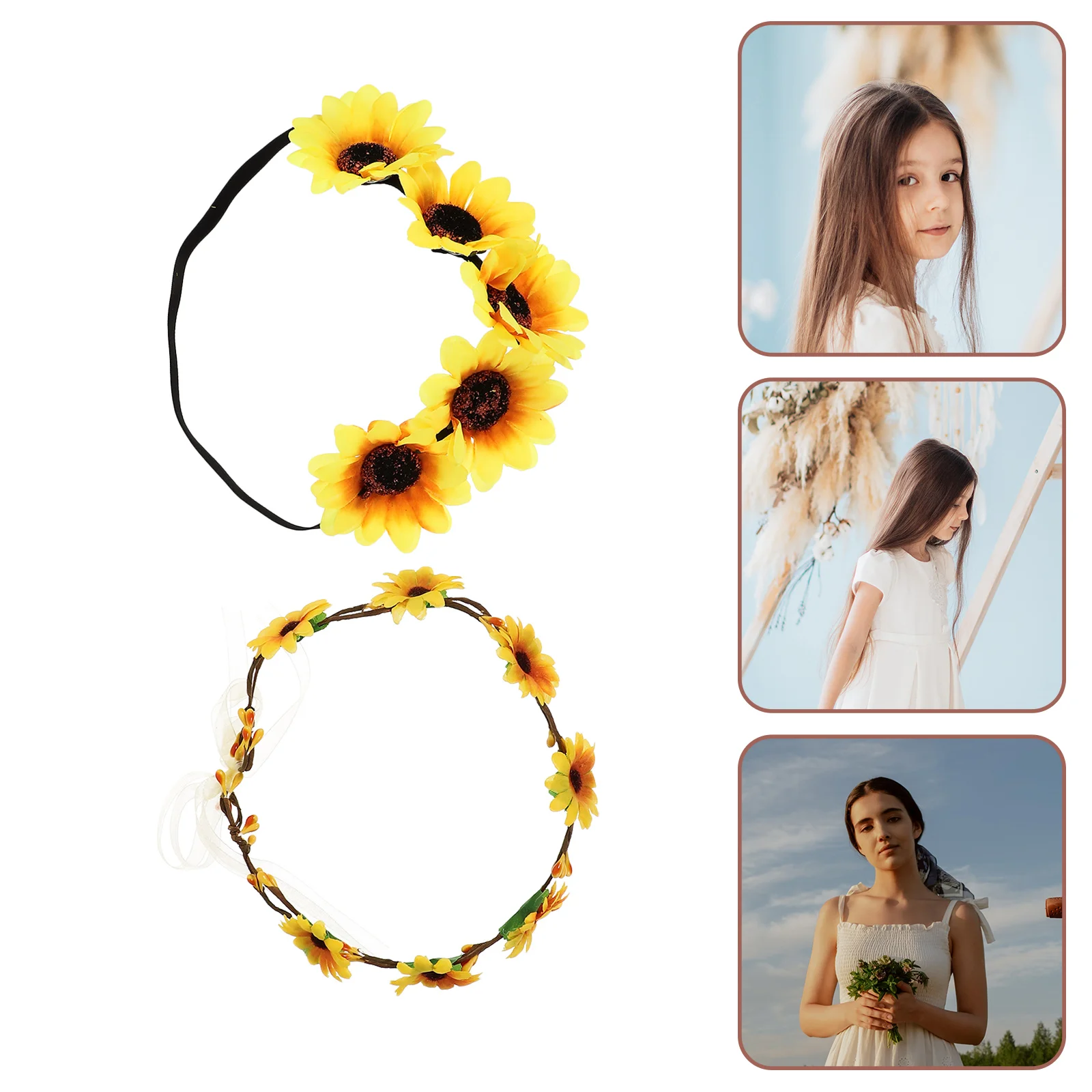 Diadema de flores para el sol, 2 piezas, Aro para el pelo, guirnalda Floral, tocado de Cosplay, corona, pañuelos, bufanda de decoración Hippie