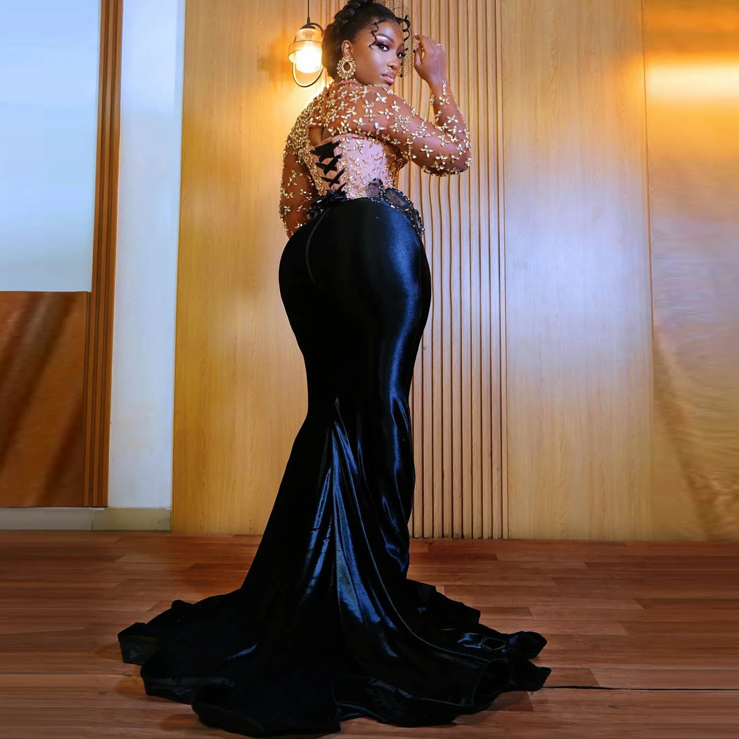 Sukienka balowa syrenka z wysokim dekoltem, iluzją koralików, długimi rękawami, seksowna suknia wieczorowa Aso Ebi dla afrykańskich kobiet, suknia na przyjęcie weselne.