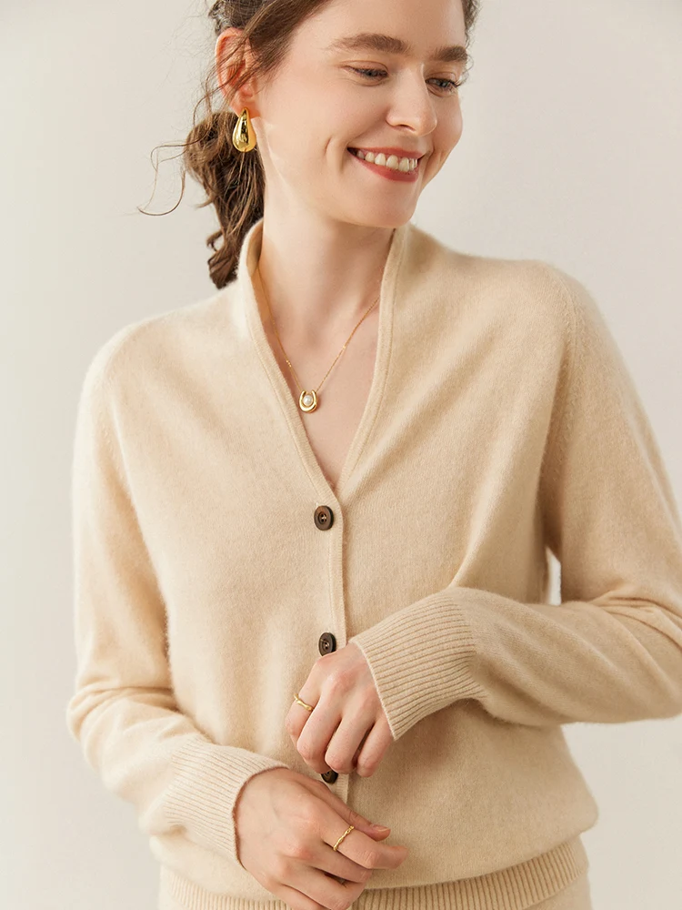 

TLOML New Women's 100% Cashmere Cardigan V-neck Long Sleeve Cashmere Sweater Autumn Winter Office Lady Simple Style Clothes Tops