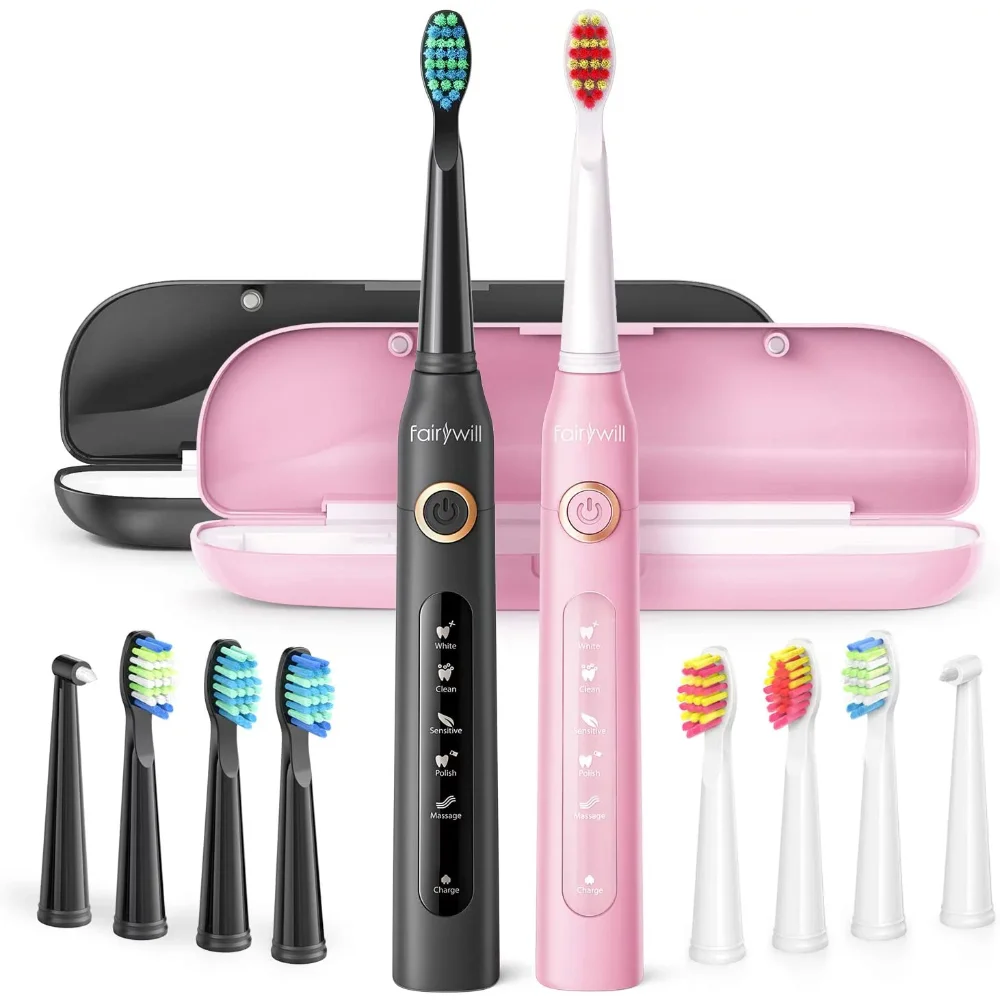 

2 Packs Electric Toothbrushes Lot Rechargeable for Adults & Teens 10 Brush Heads 2 Travel Cases,5 Modes with Smart Timer