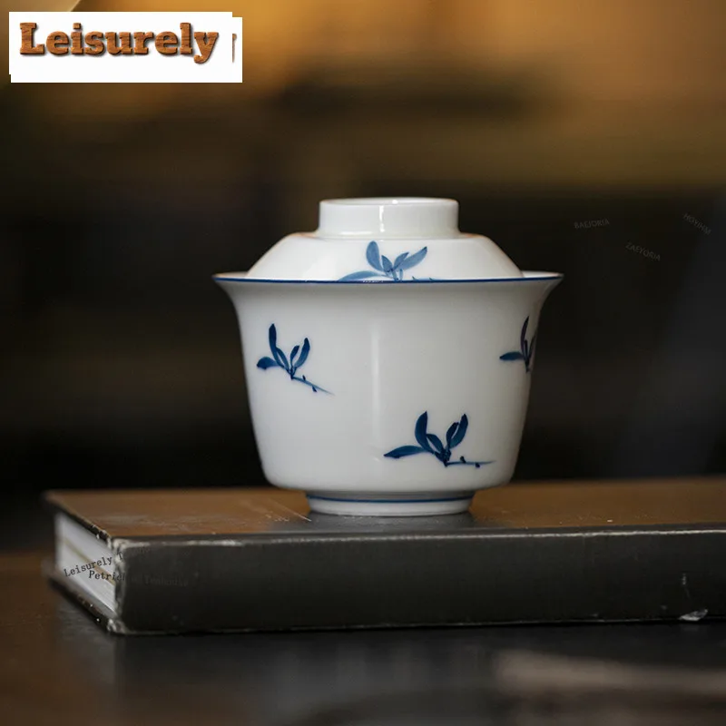 HOYIHM 150ml Hand Drawn Orchid Gaiwan Retro Blue And White Jade Mud Tea Tureen Tea Maker Cover Bowl Chinese Tea Set Accessories
