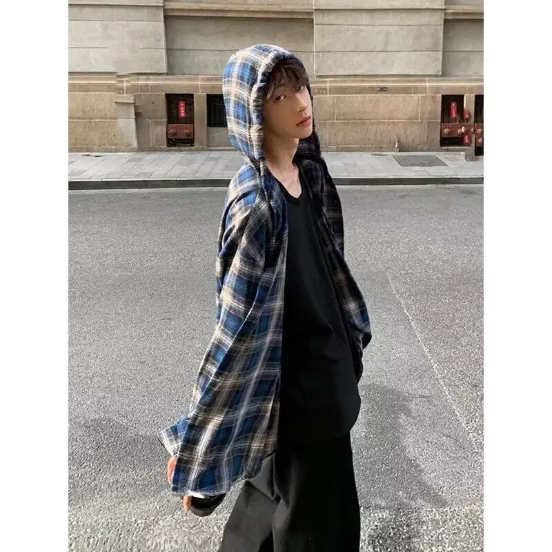 

American Street Retro Plaid irt Loose Casual Outerwear Long Sve Thin Spring Men Women Neutral Coat Polyester Fiber Stand...