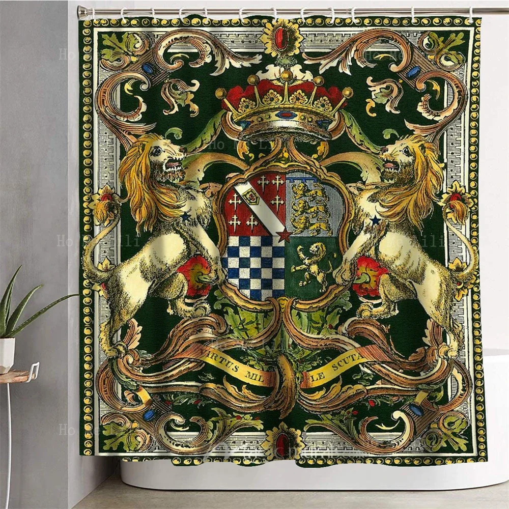 Medieval Royal Heraldic Insignia And William Morris'S Strawberry Thief Shower Curtain For Bathroom Decor