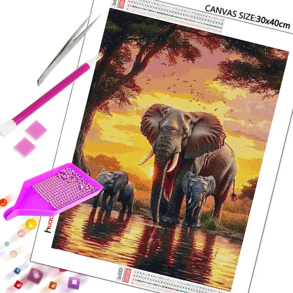 Huacan Elephant Sunset Landscape Diamond Mosaic 5D DIY Diamond Painting Art Wild Animals Wall Picture Living Room Home