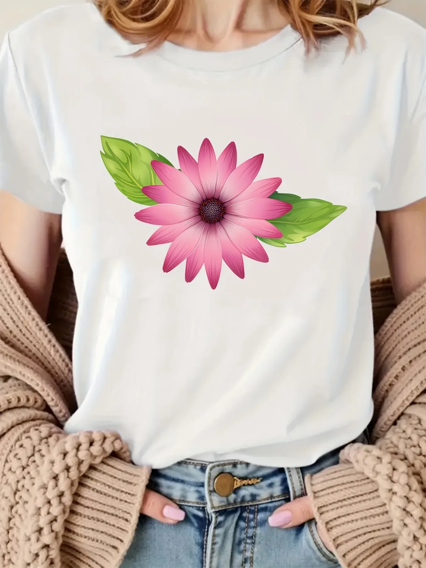 Pink Floral Fresh Natural Style Easy Fashion Pattern Round Neck Casual Sleeve Shirt Local Community Stores Stock Quick-Release