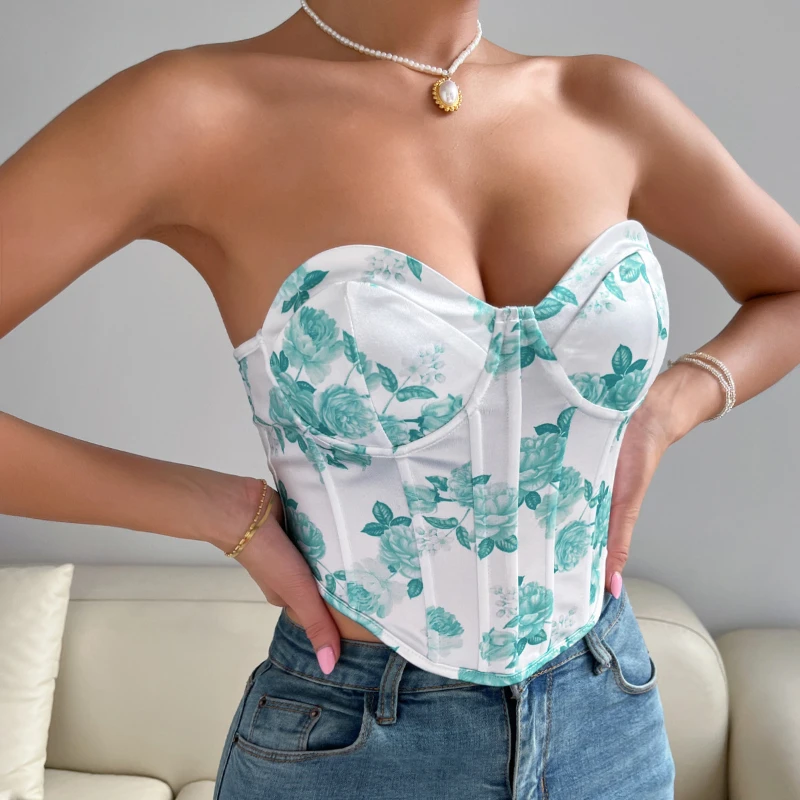 

2022 Women Summer Tops Y2k Style Sexy Bodice Mini Vest Camis Tank Crop Flower Print Clothes Korea Ladies Corset Female Bustier