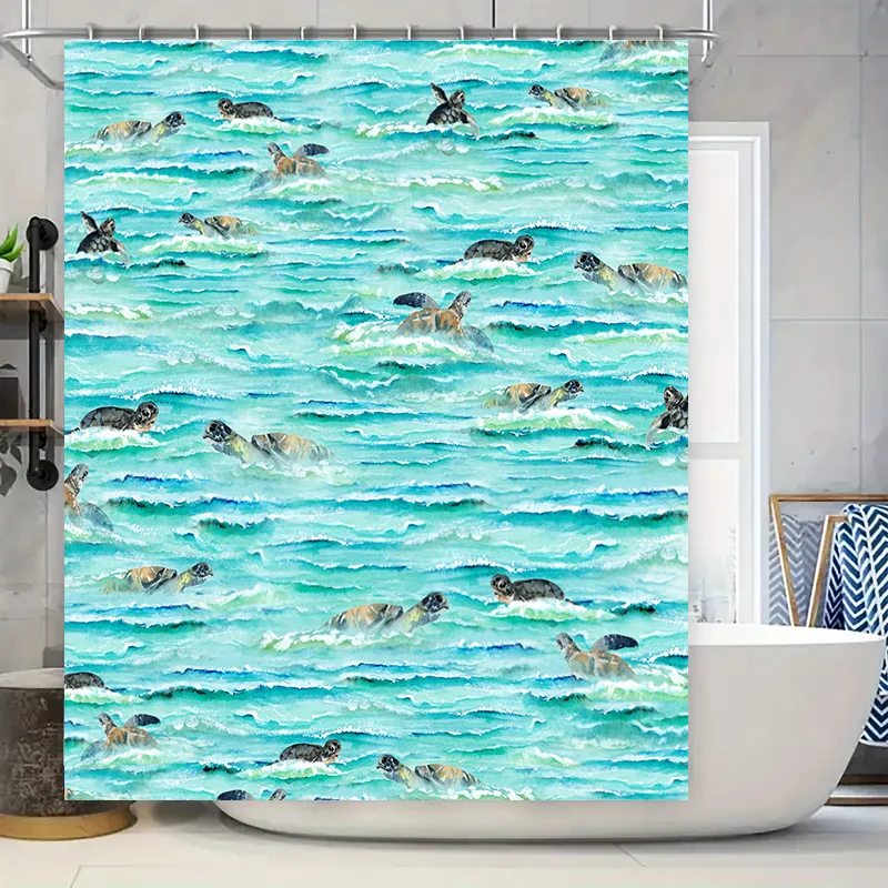 Sea Turtle Bath Mat Pattern Shower Curtain Waterproof Decorative Fabric Bathroom Accessories for Home Living Room Blue Waves Pri