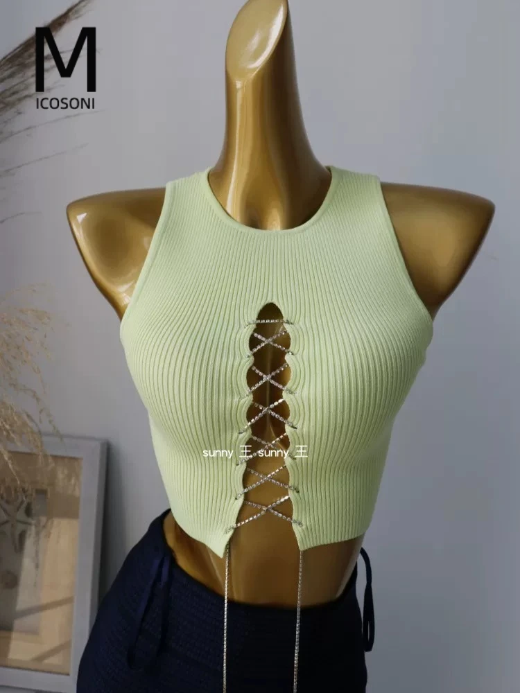 Micosoni Belly Button Short Top Version Is Good~ Light Fluorescent Green Small Rhinestone Lace-up Hollow Knitted Fashion Vest