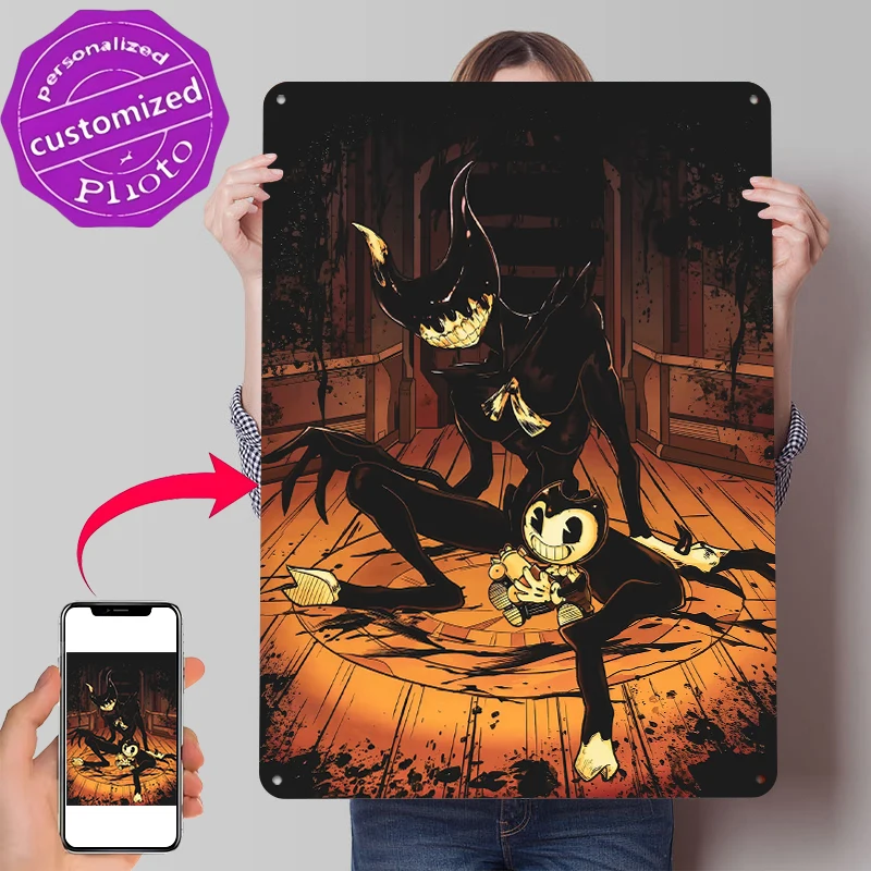 Póster Metálico de los Personajes de Bendy and the Ink Machine, Arte de Pared Personalizado, Letreros Metálicos Retro Vintage para Decoración de Oficina o Cuarto de Hombre