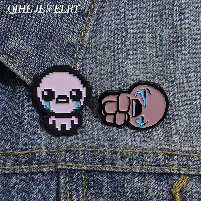 A ligação de isaac chorar broche esmalte pino personalizado retro bonito pixel jogo metal crachá lapela mochila jóias presente para crianças amigos