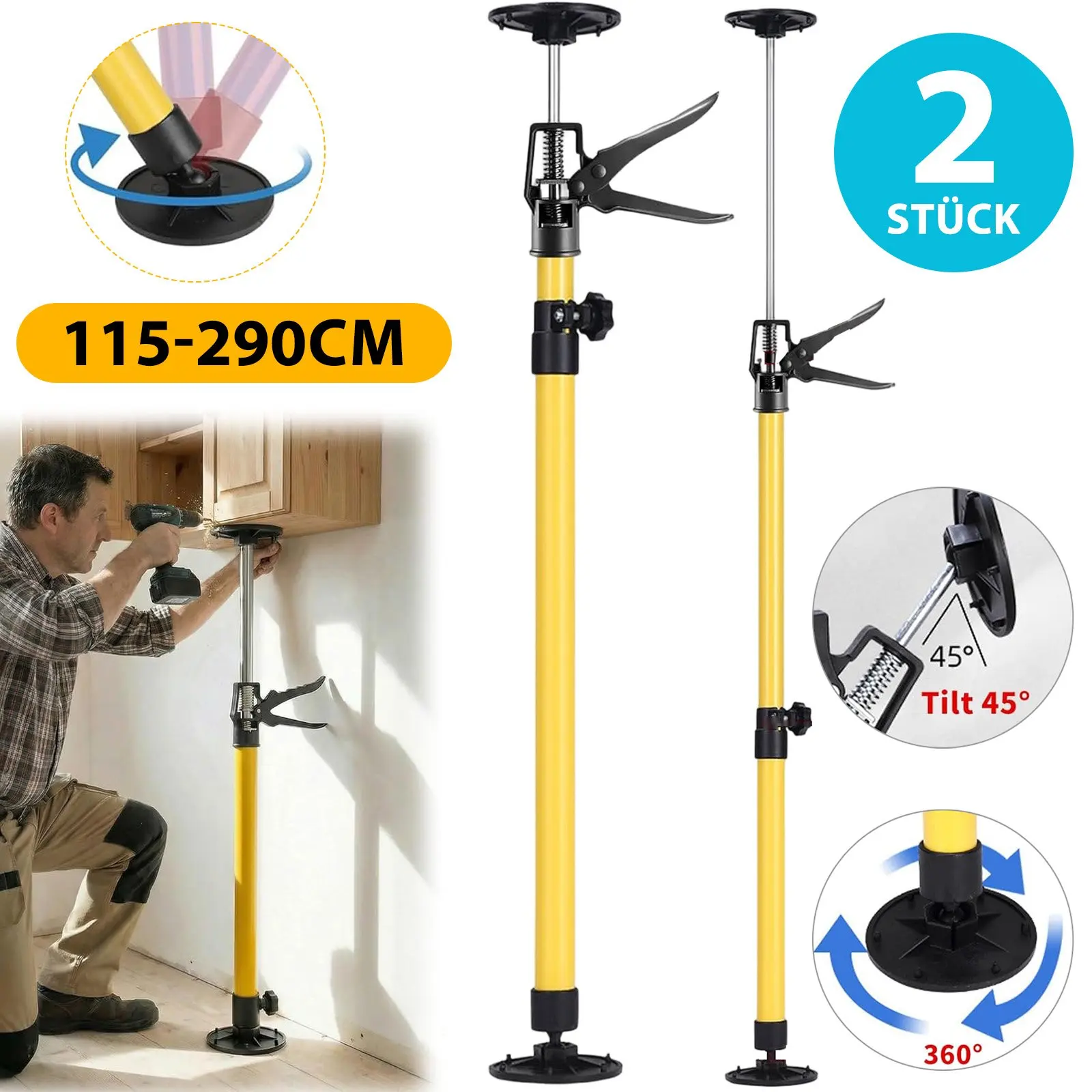 2 armoires suspendues de 115-290 cm, équipées de tiges de support télescopiques, hauteur réglable et capacité de charge de 50 kg, idéales pour les studios familiaux.