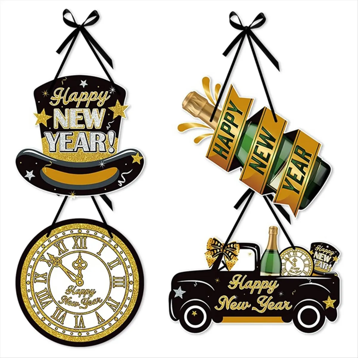 ABFW Happy New Year Sign 4Pcs Door Hanger New Year Door Decor Sign New Year's Eve Wreath Hanging Sign