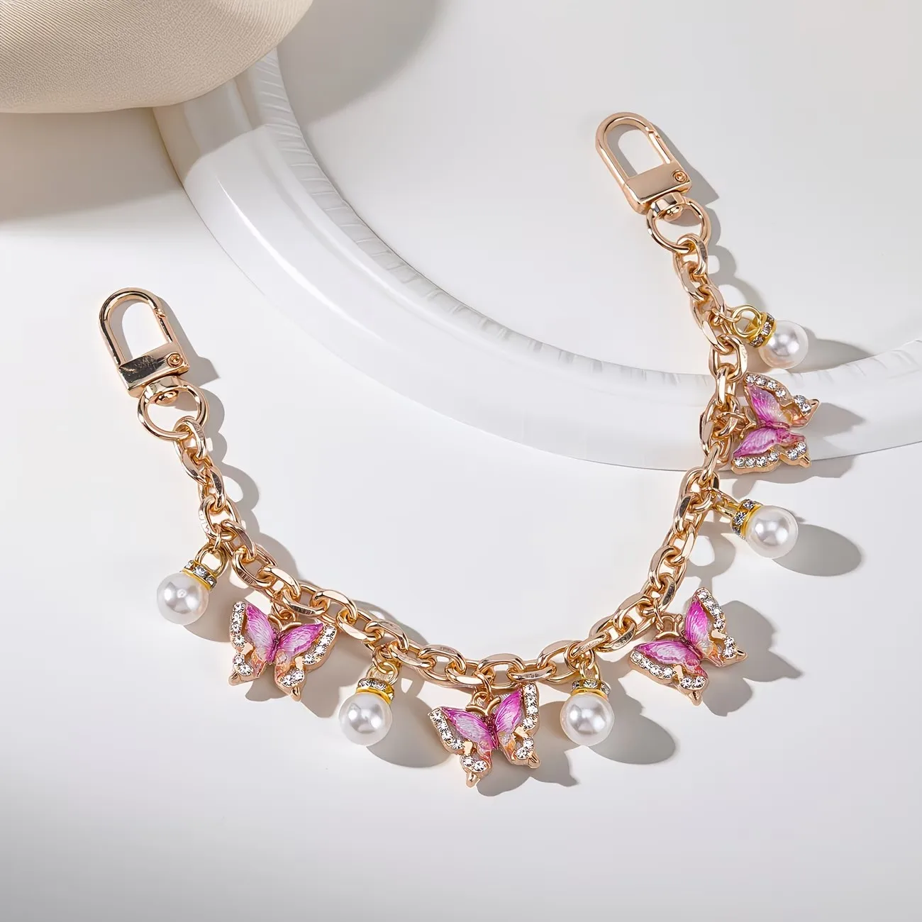 HOLIN Pink Butterfly Purse Chain Charm 26CM Gold Chain Bag Keychains Luxury Colgantes Para Bolsas Decorativos Tasche Charms