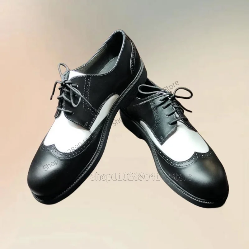 

Black White Carving Design Round Toe Men Shoes Fashion Lace Up Male Shoes Luxury Handmade Party Banquet Office Men Dress Shoes