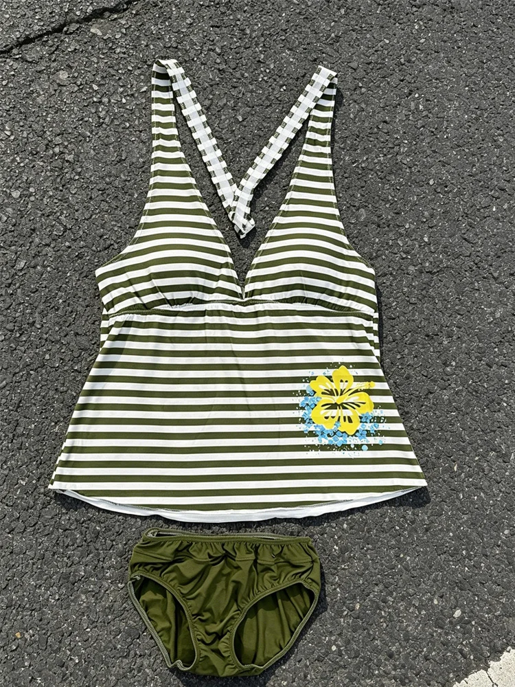

Summer women's striped hibiscus print bikini set V-neck backless cross 2-piece swimsuit beach wear swimsuit