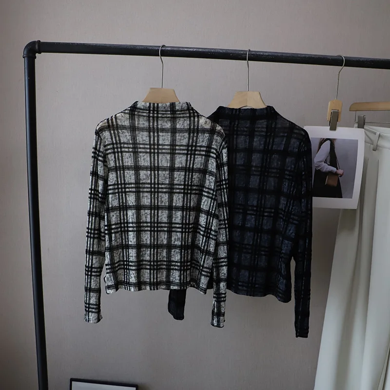 Retro Plaid Long Sve T-irt Women's Autumn New Sle Ele Versatile Slimming Elastic Me Top High Collar Base Layer P...