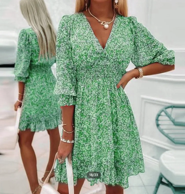 

Summer Women Fashion Bohemian Midi Dress Nipped Waist Pullover Deep V Neck Beach Dress Print Short-sleeve Floral Bright Dress