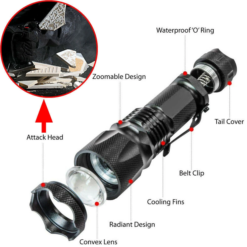 Potente linterna táctica LED portátil, lámpara de Camping, 3 modos, con zoom, para bicicleta al aire libre, resistente al agua