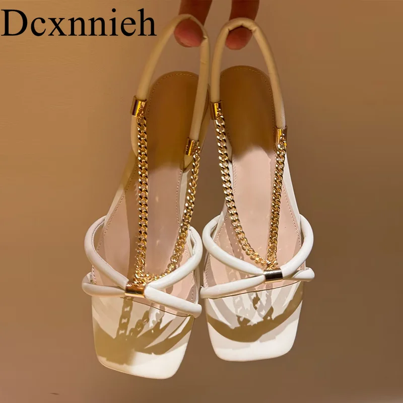 Women's metal chain decoration solid color summer leather square toe minimalist sandals casual flat bottomed vacation shoes 2024