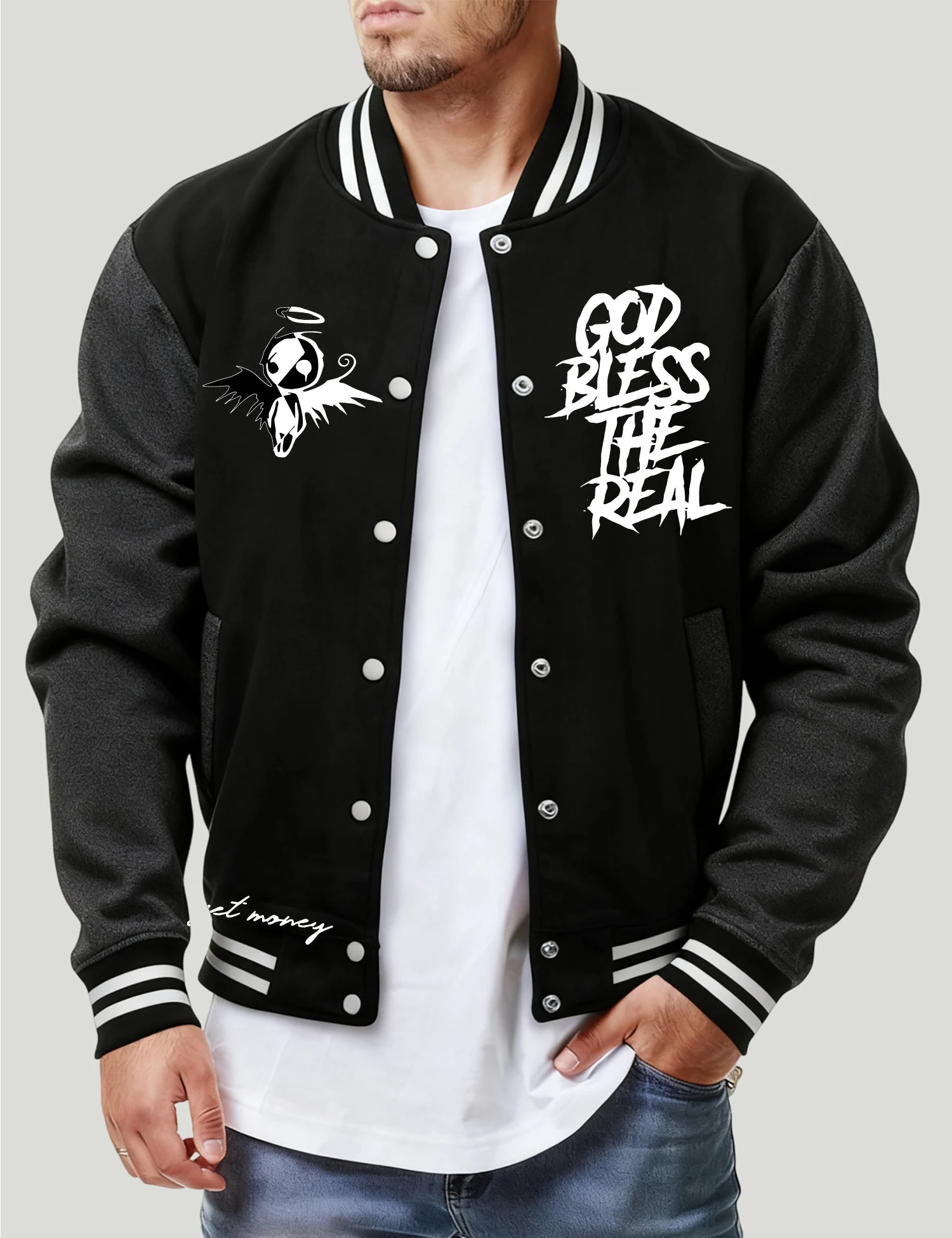 

God Bless The Real Print Мужская бейсбольная майка Модная карманная мужская одежда в стиле хип-хоп Свободный пуловер Куртка Повседневная флисовая одежда унисекс