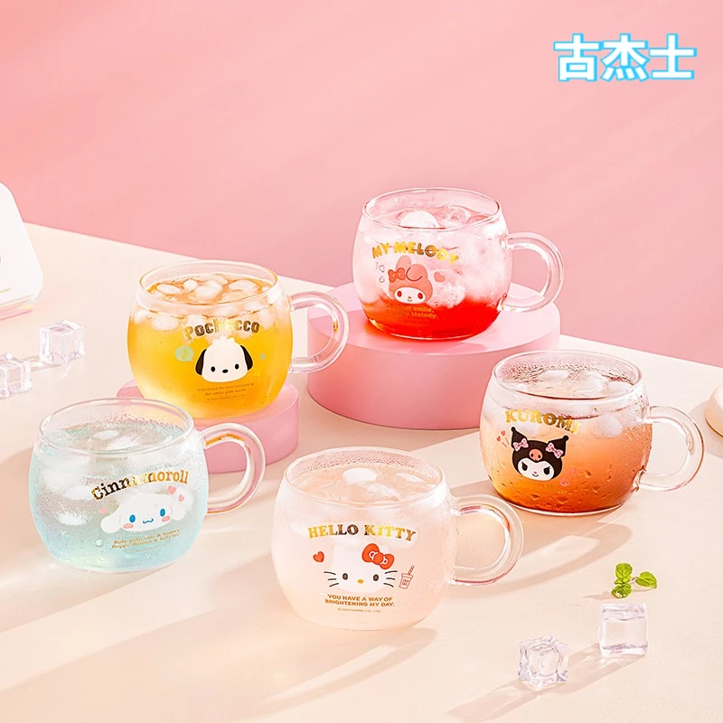 For Sanrio 400ML High Borosilicate Glass Water Cups with Handle for Kuromi& Hello Kitty Printing Home Milk Juice Cups for Kids