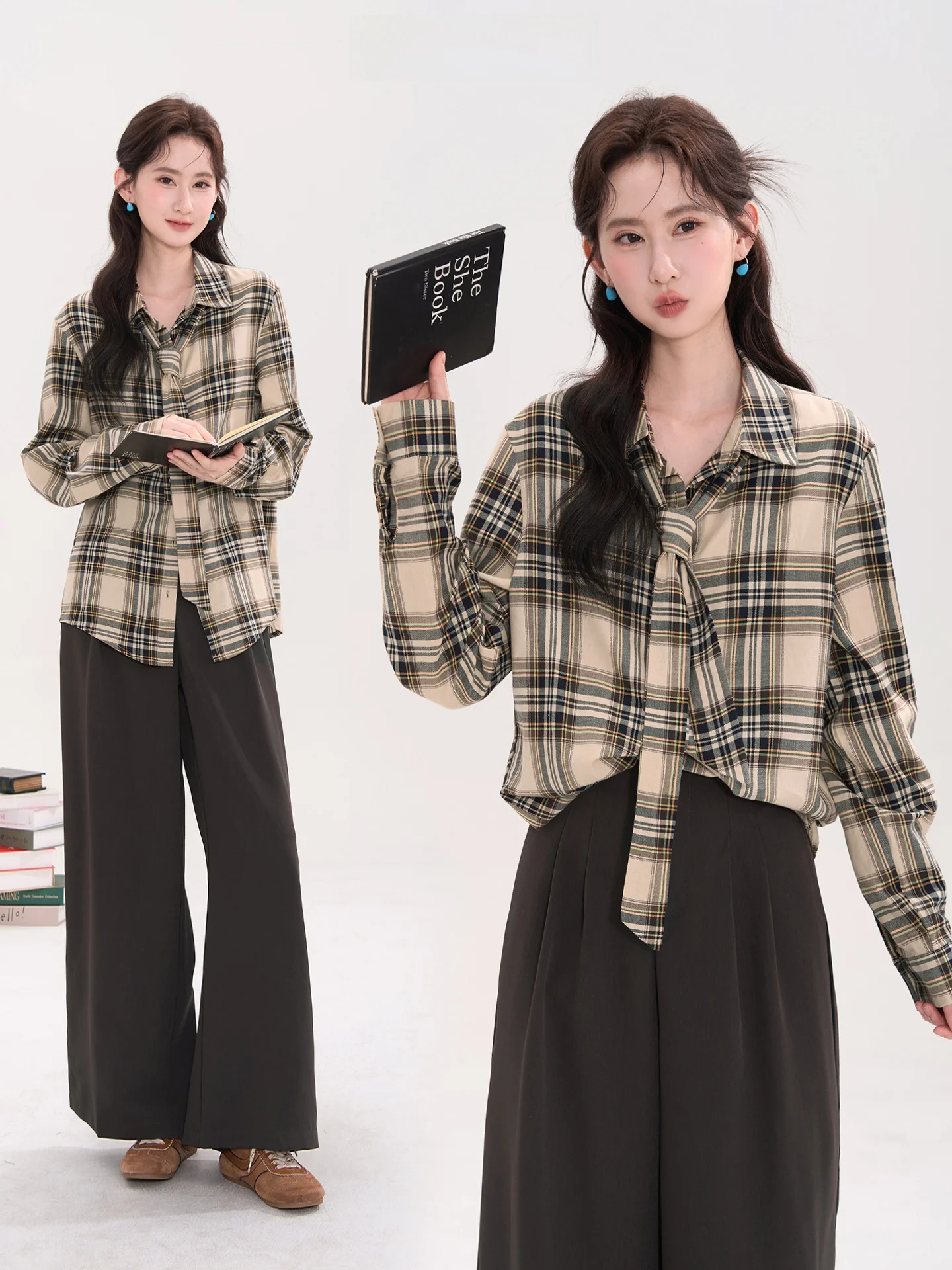 

Loose Fit Plaid irt Women's Spring Summer Cotton Long Sve Casual Sle Window Display Heme Lazy Sle Faion Top