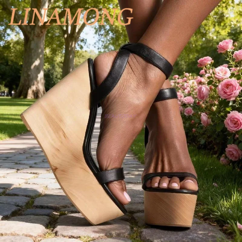 

Slope Heeled Sandals Fashionable Wood Grain Thick Sole Straight Strap Buckle Design 15Cm High Heels Sandalias De Mujer Verano