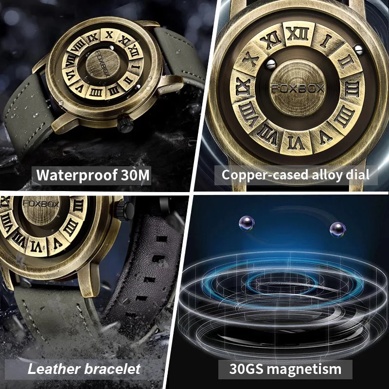 FOXBOX New Fashion Retro Mens Watches Creative Scrolling Pointer Magnetic Force Quartz Wristwatch Genuine Watch Men Montre Homme