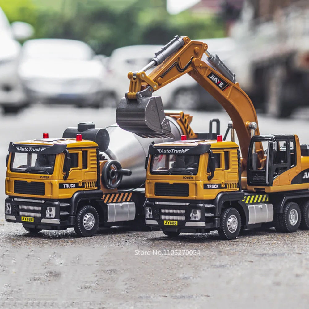 1/50 Excavator Blender Cars Toy Models Diecast Alloy Engineering Vehicles Rubber Tires Sound Light Pull Back Toys Gifts for Kids