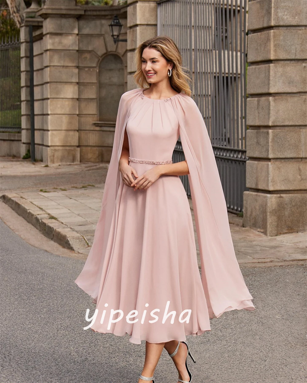 Customized  Sexy Casual   Jersey Sequined Ruched Valentine's Day A-line O-Neck Bespoke Occasion Gown Midi Dresses